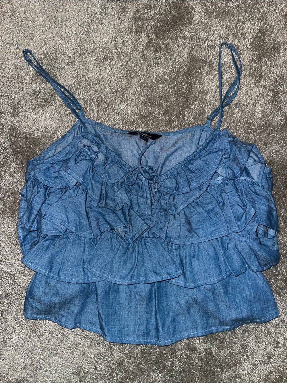 Express Ruffled Blue Denim-Look Top